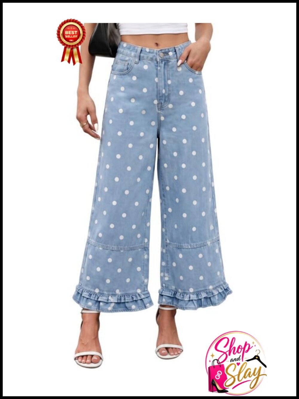 Polka Dot Wide Leg Jeans Ruffled Hem Baggy Denim Pants
